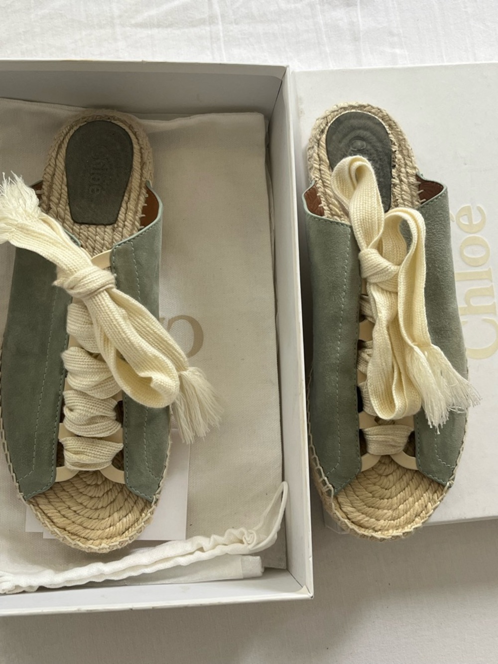 Chloe Harper Olive Suede and Cream Lace Espadrille Slides - Picture 2 of 6